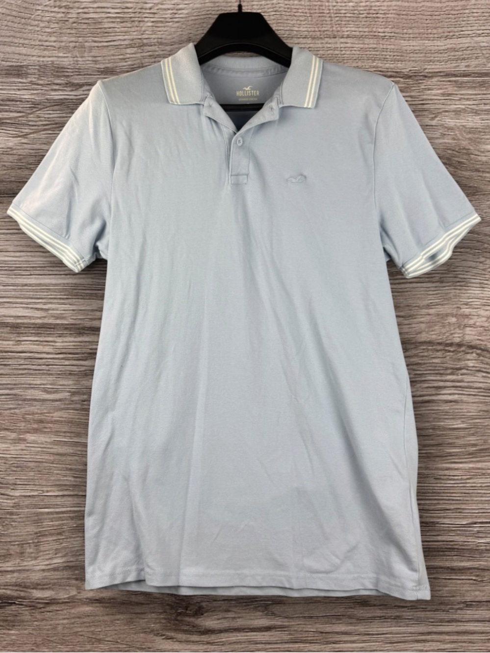Hollister Men's Pale Blue Polo with Striped Trim